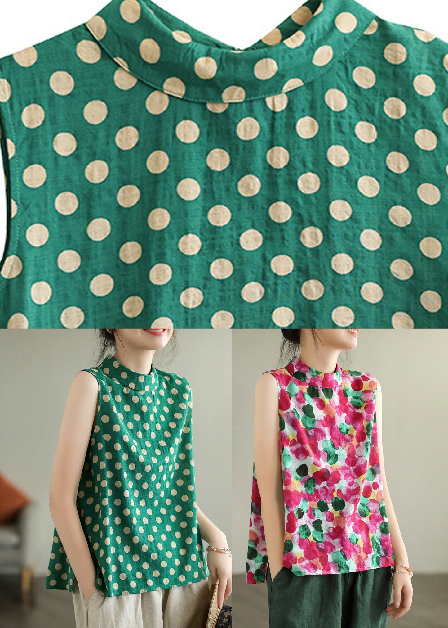 Green Stand Collar Dot Cotton Top Sleeveless LY6990 Ada Fashion