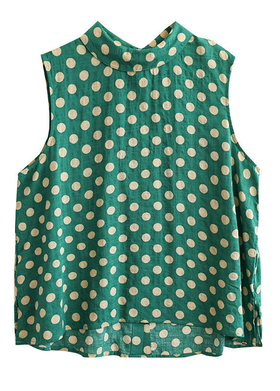 Green Stand Collar Dot Cotton Top Sleeveless LY6990 Ada Fashion