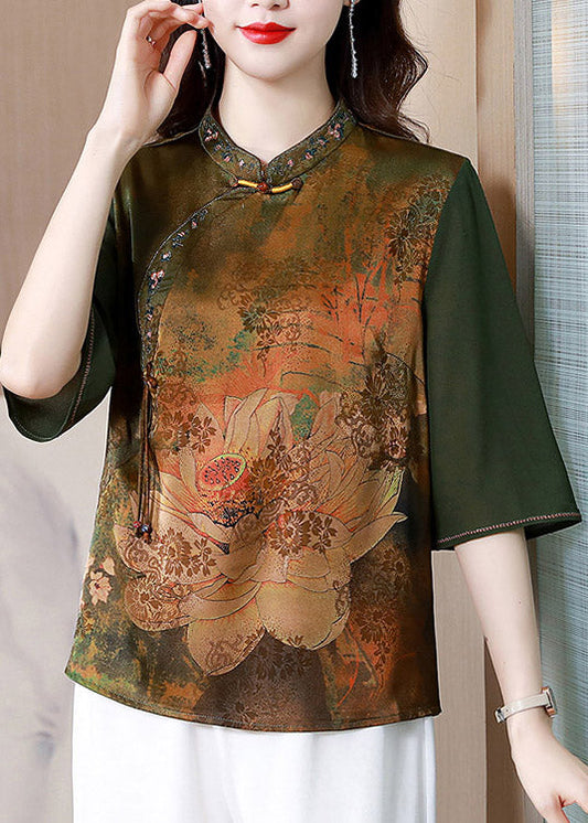 Green Stand Collar Print Silk Top Summer LY3780 - fabuloryshop