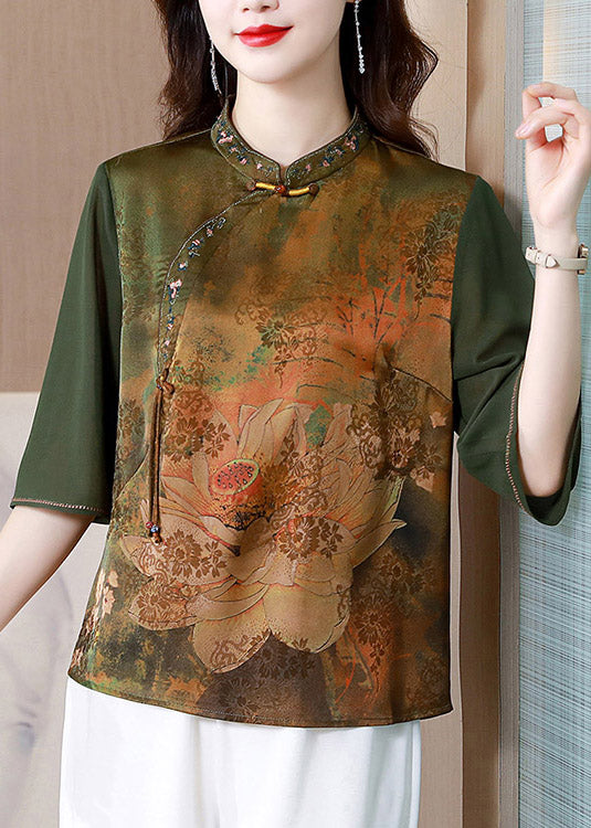 Green Stand Collar Print Silk Top Summer LY3780 - fabuloryshop