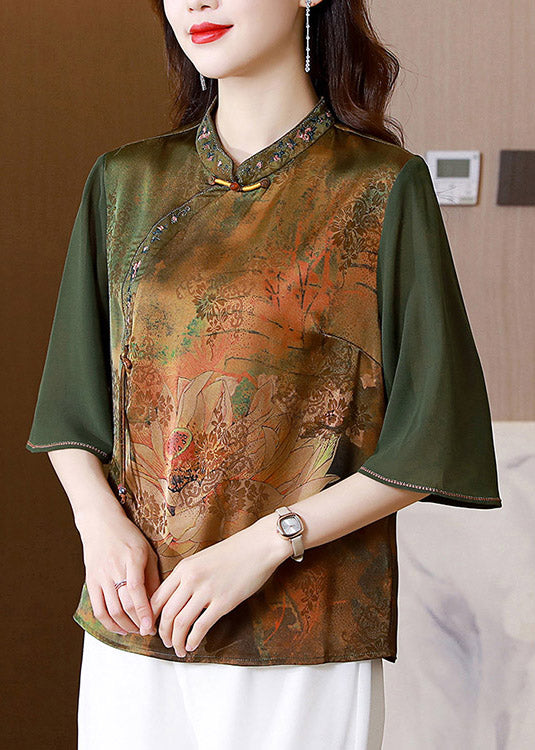 Green Stand Collar Print Silk Top Summer LY3780 - fabuloryshop