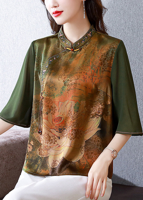 Green Stand Collar Print Silk Top Summer LY3780 - fabuloryshop