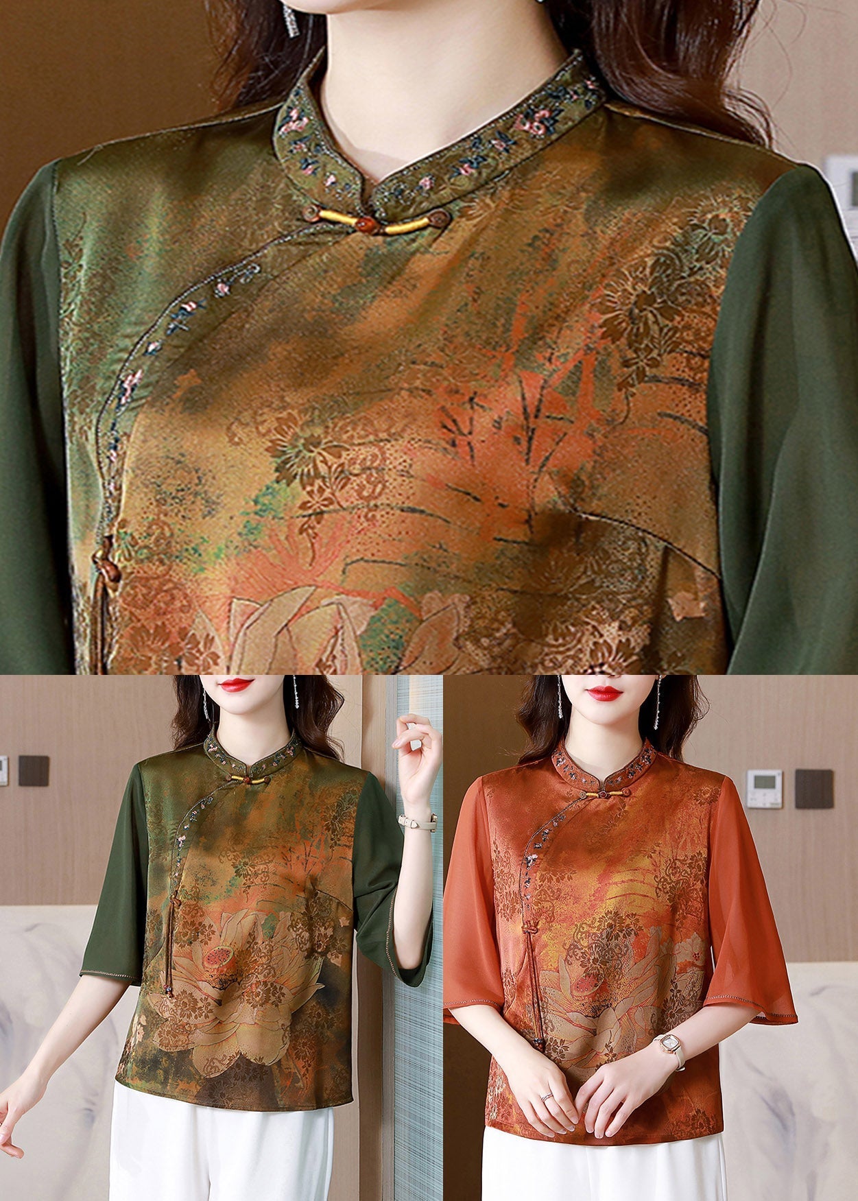 Green Stand Collar Print Silk Top Summer LY3780 - fabuloryshop