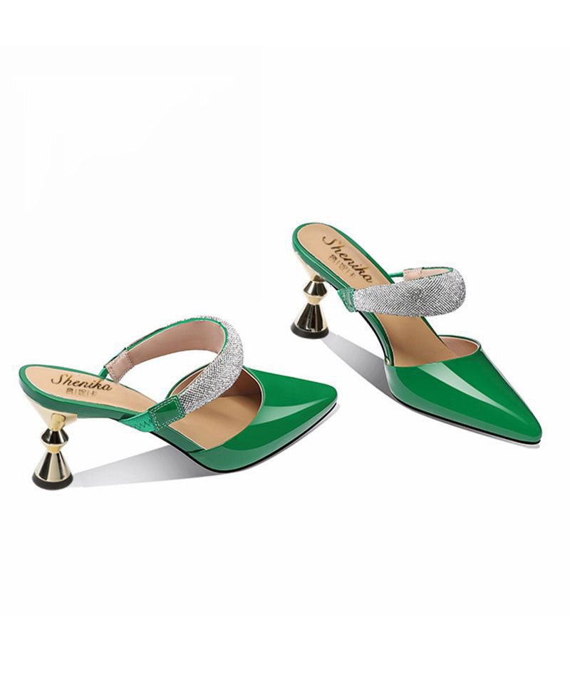 Green Stiletto Cowhide Leather Fitted Pointed Toe High Heel Slippers LC0194 - fabuloryshop