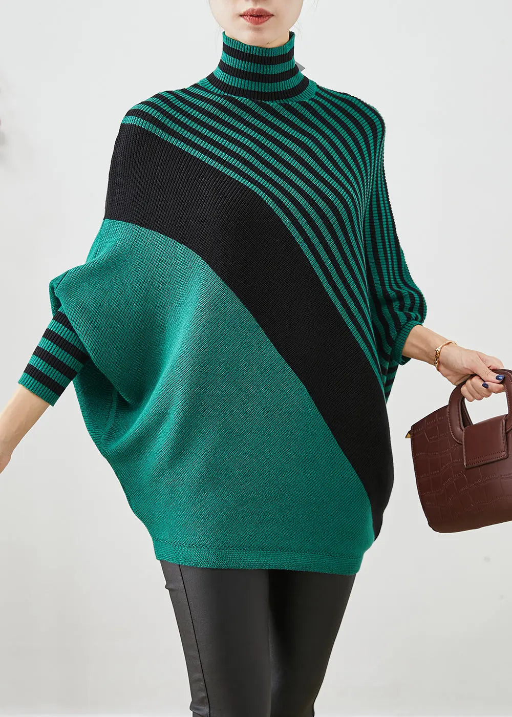 Green Striped Knit Short Sweater Asymmetrical Batwing Sleeve Ada Fashion