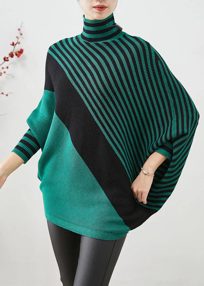 Green Striped Knit Short Sweater Asymmetrical Batwing Sleeve Ada Fashion