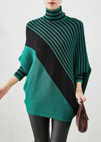 Green Striped Knit Short Sweater Asymmetrical Batwing Sleeve Ada Fashion