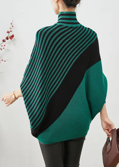 Green Striped Knit Short Sweater Asymmetrical Batwing Sleeve Ada Fashion