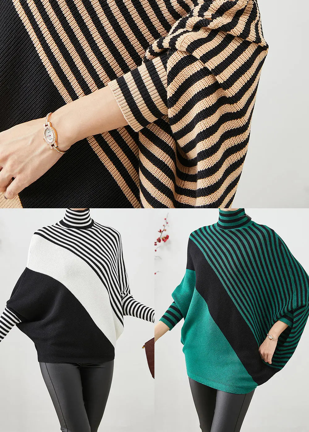 Green Striped Knit Short Sweater Asymmetrical Batwing Sleeve Ada Fashion