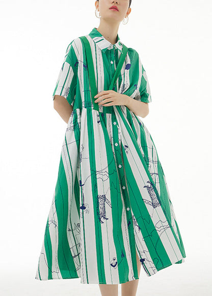 Green Striped Patchwork Button Cotton Long Dress Short Sleeve LY1196 - fabuloryshop