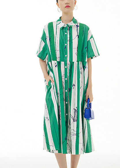 Green Striped Patchwork Button Cotton Long Dress Short Sleeve LY1196 - fabuloryshop