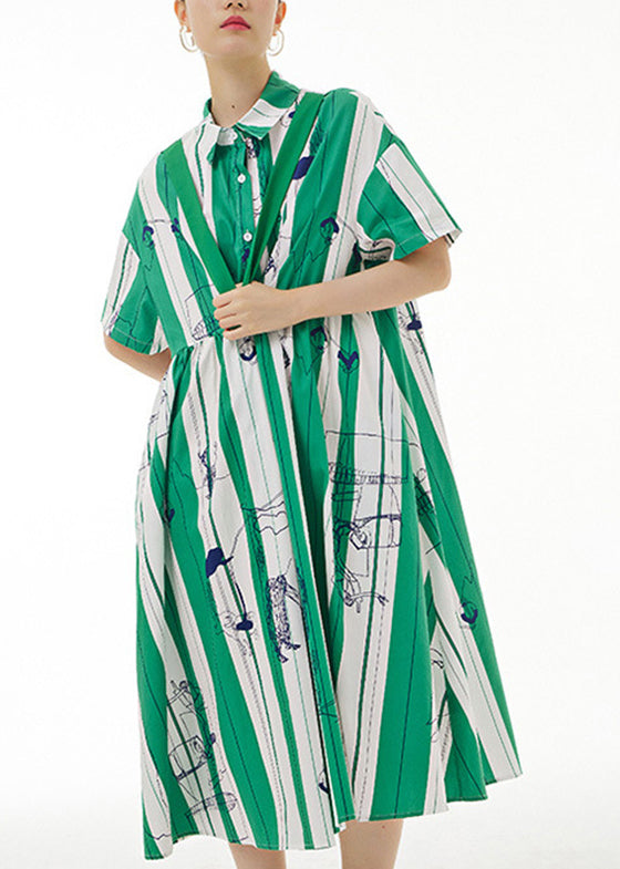 Green Striped Patchwork Button Cotton Long Dress Short Sleeve LY1196 - fabuloryshop