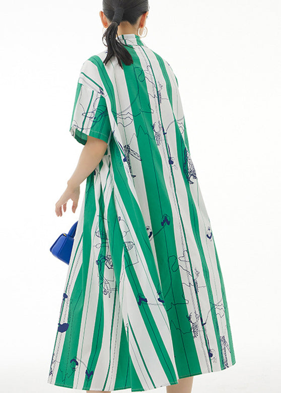 Green Striped Patchwork Button Cotton Long Dress Short Sleeve LY1196 - fabuloryshop