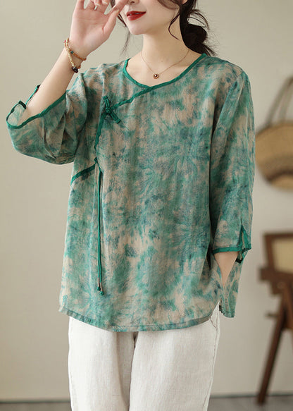 Green Tie Dye Linen Shirt Chinese Button Bracelet Sleeve Ada Fashion