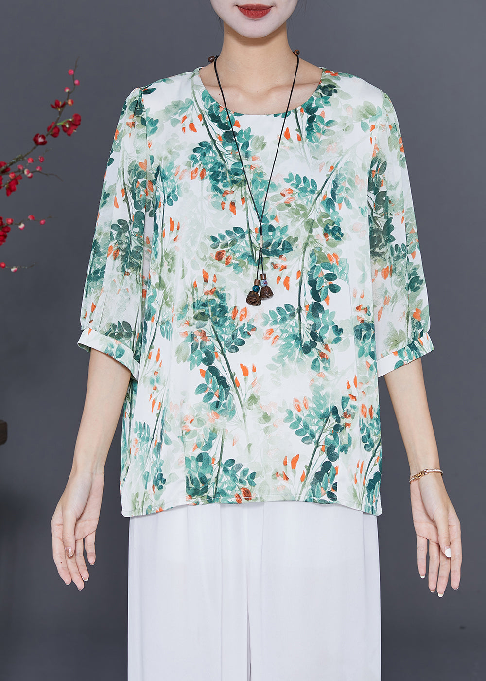 Green Tie Dye Silk Blouses Oversized Half Sleeve LY7681