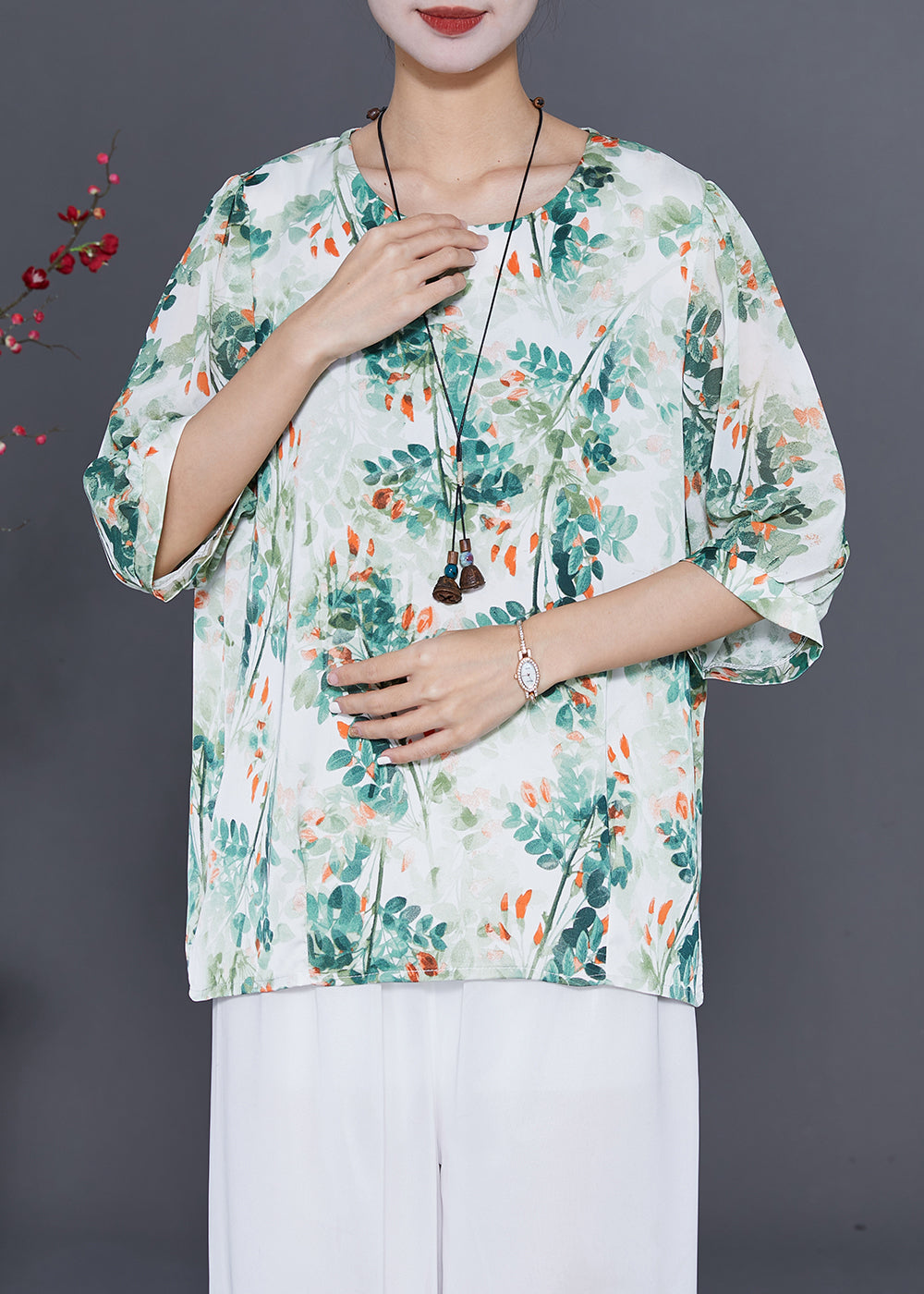 Green Tie Dye Silk Blouses Oversized Half Sleeve LY7681