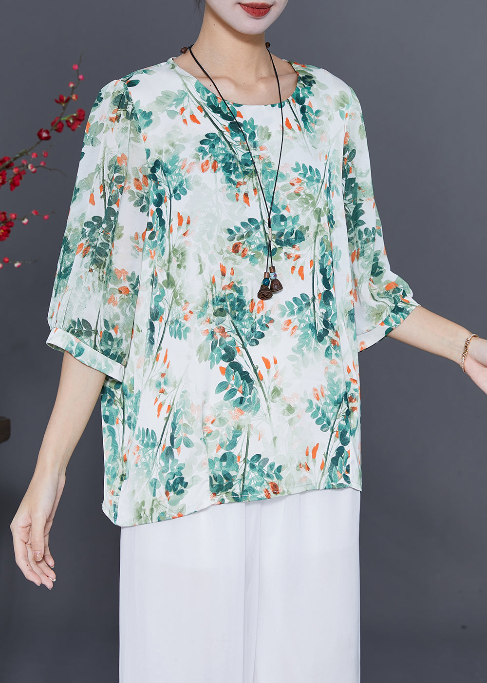 Green Tie Dye Silk Blouses Oversized Half Sleeve LY7681