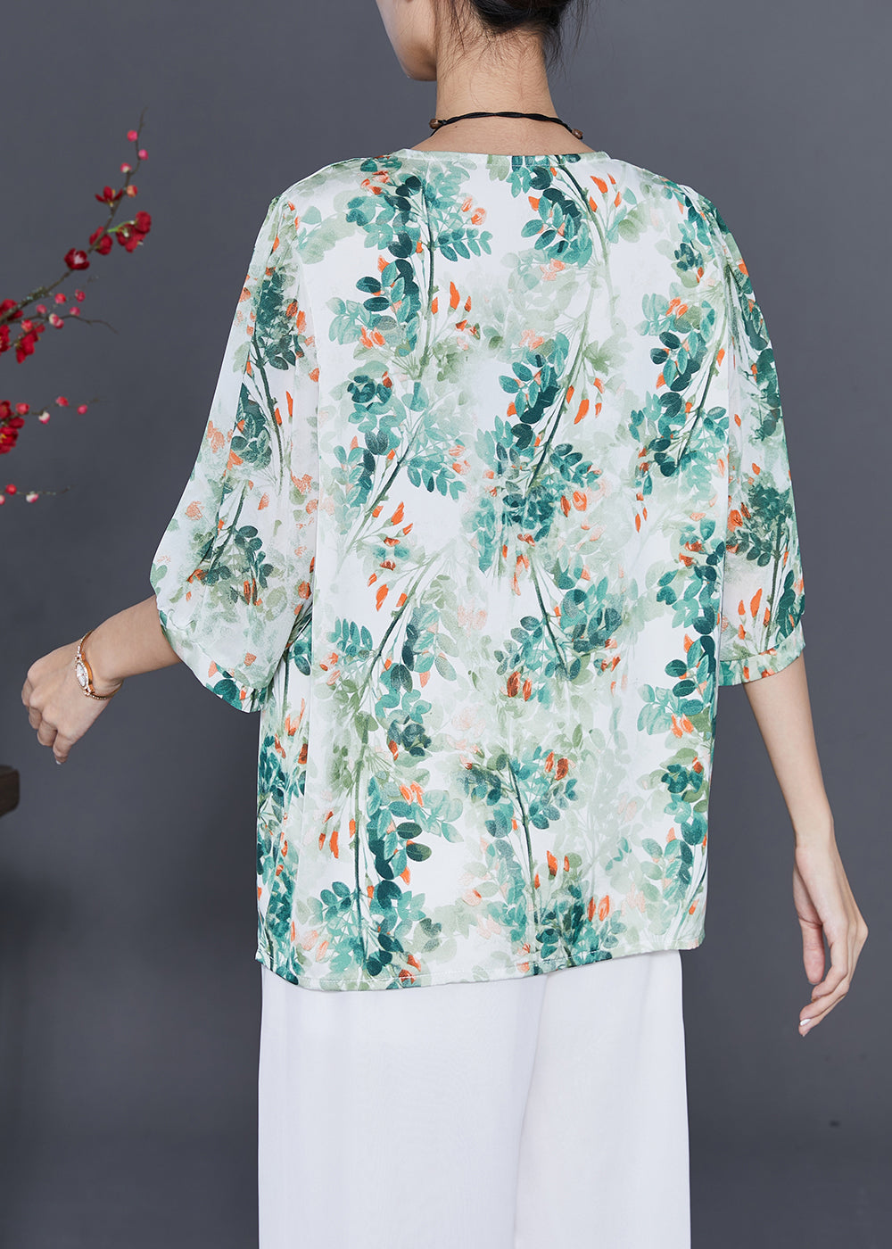 Green Tie Dye Silk Blouses Oversized Half Sleeve LY7681