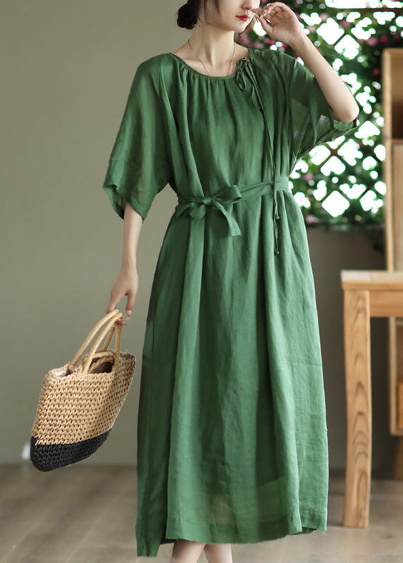 Green Tie Waist Solid Long Dress Half Sleeve LY4498 - fabuloryshop