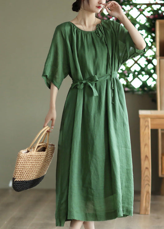 Green Tie Waist Solid Long Dress Half Sleeve LY4498 - fabuloryshop