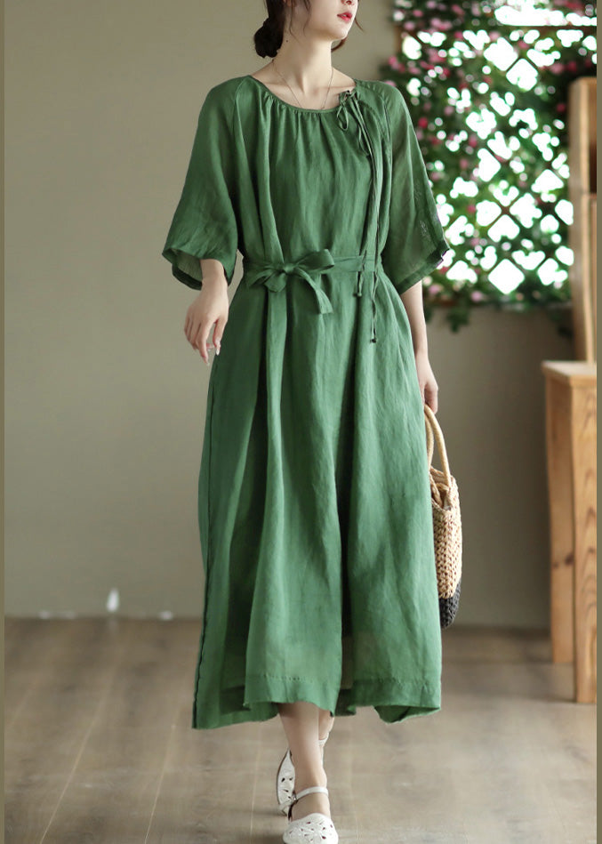 Green Tie Waist Solid Long Dress Half Sleeve LY4498 - fabuloryshop