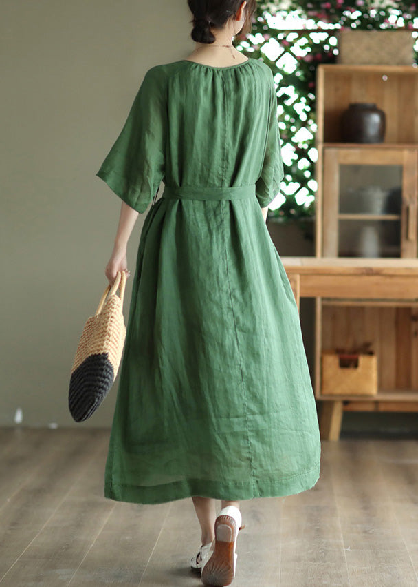 Green Tie Waist Solid Long Dress Half Sleeve LY4498 - fabuloryshop