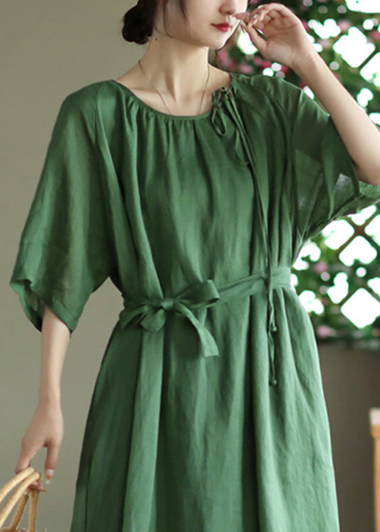 Green Tie Waist Solid Long Dress Half Sleeve LY4498 - fabuloryshop