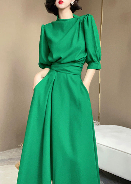 Green Turtleneck Tie Waist Patchwork Cotton Dress Tie Waist Short Sleeve Ada Fashion
