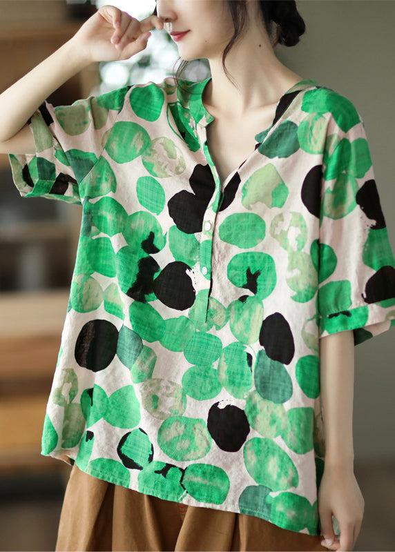 Green V Neck Button Cotton Top Half Sleeve LY2857 - fabuloryshop