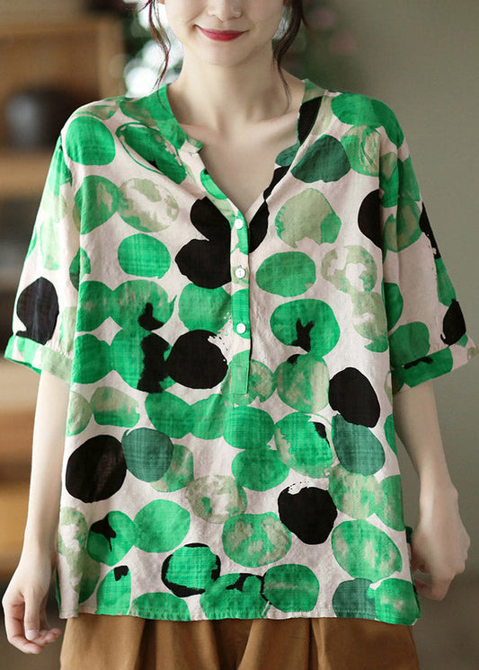 Green V Neck Button Cotton Top Half Sleeve LY2857 - fabuloryshop