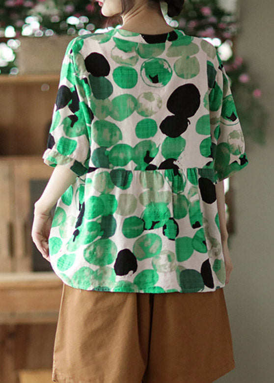 Green V Neck Button Cotton Top Half Sleeve LY2857 - fabuloryshop