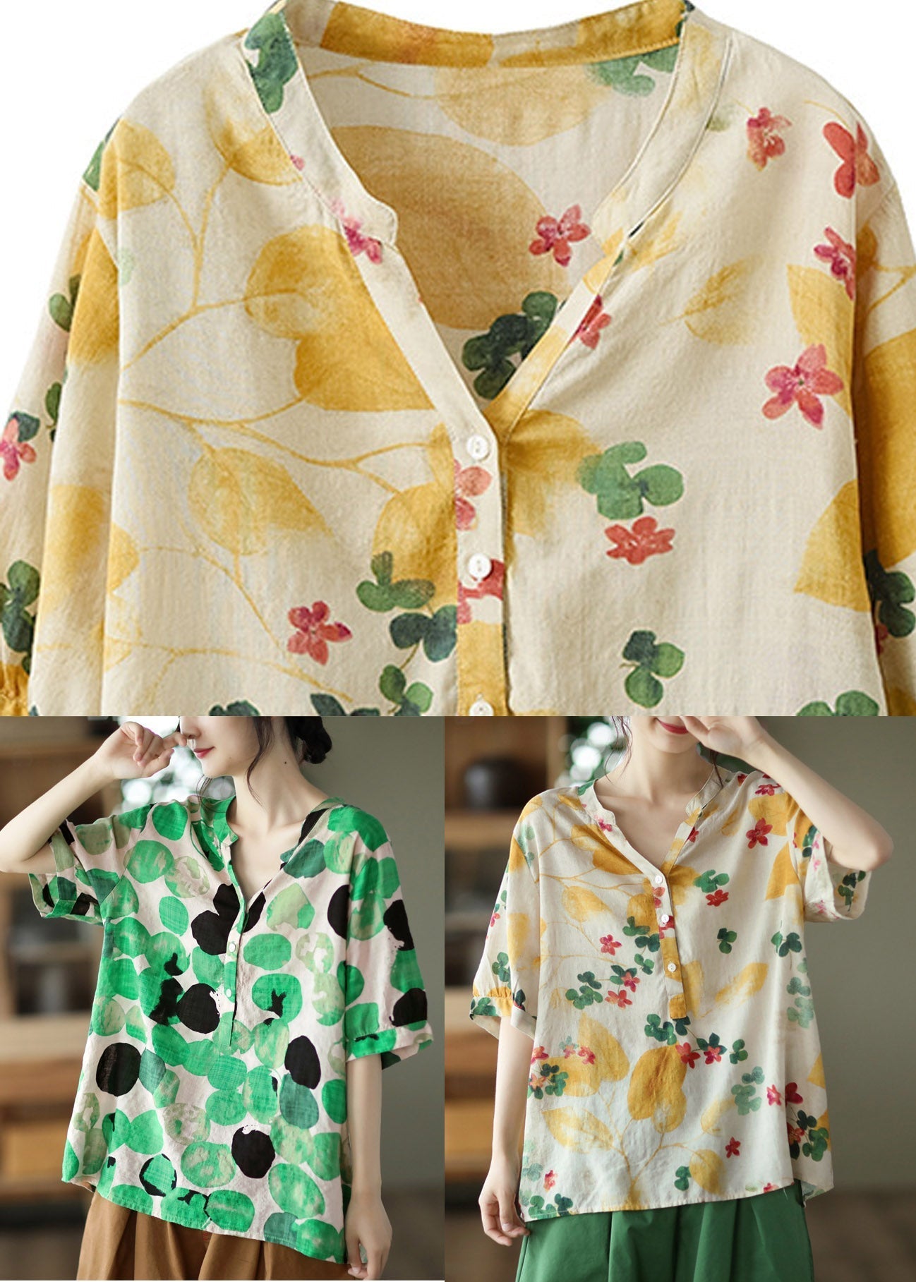 Green V Neck Button Cotton Top Half Sleeve LY2857 - fabuloryshop