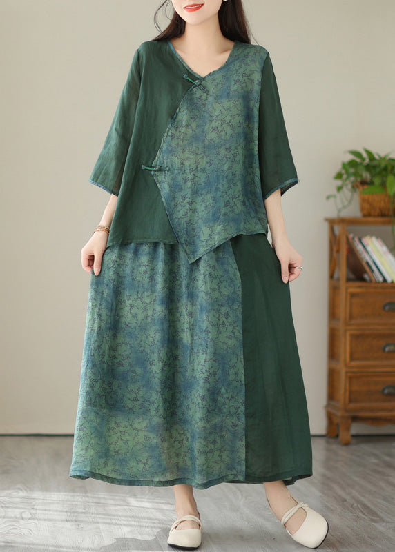 Green V Neck Patchwork Button Linen Two Pieces Set Half Sleeve LY4980 - fabuloryshop