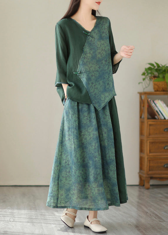 Green V Neck Patchwork Button Linen Two Pieces Set Half Sleeve LY4980 - fabuloryshop