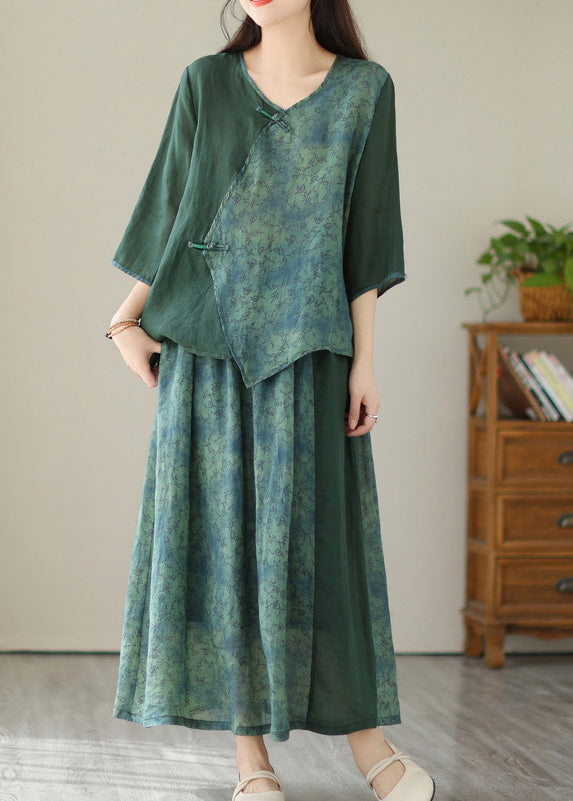 Green V Neck Patchwork Button Linen Two Pieces Set Half Sleeve LY4980 - fabuloryshop