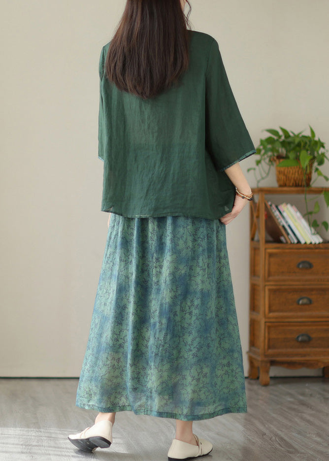 Green V Neck Patchwork Button Linen Two Pieces Set Half Sleeve LY4980 - fabuloryshop