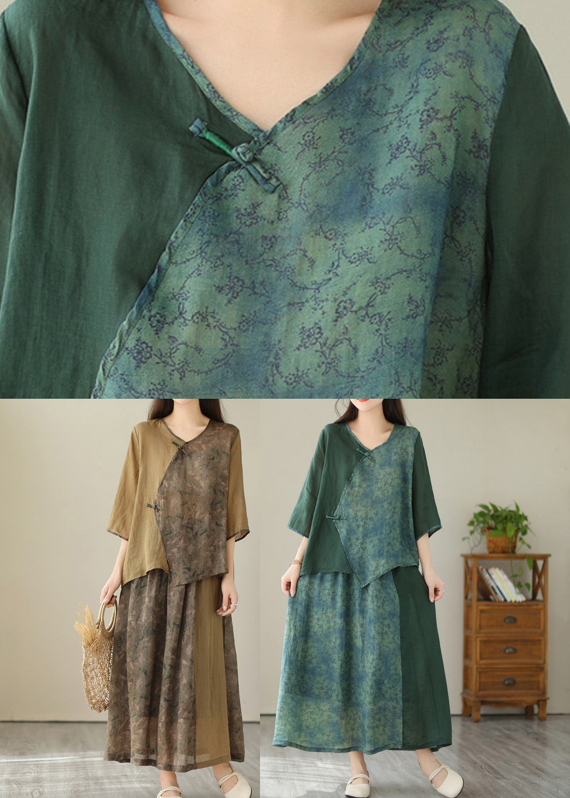 Green V Neck Patchwork Button Linen Two Pieces Set Half Sleeve LY4980 - fabuloryshop