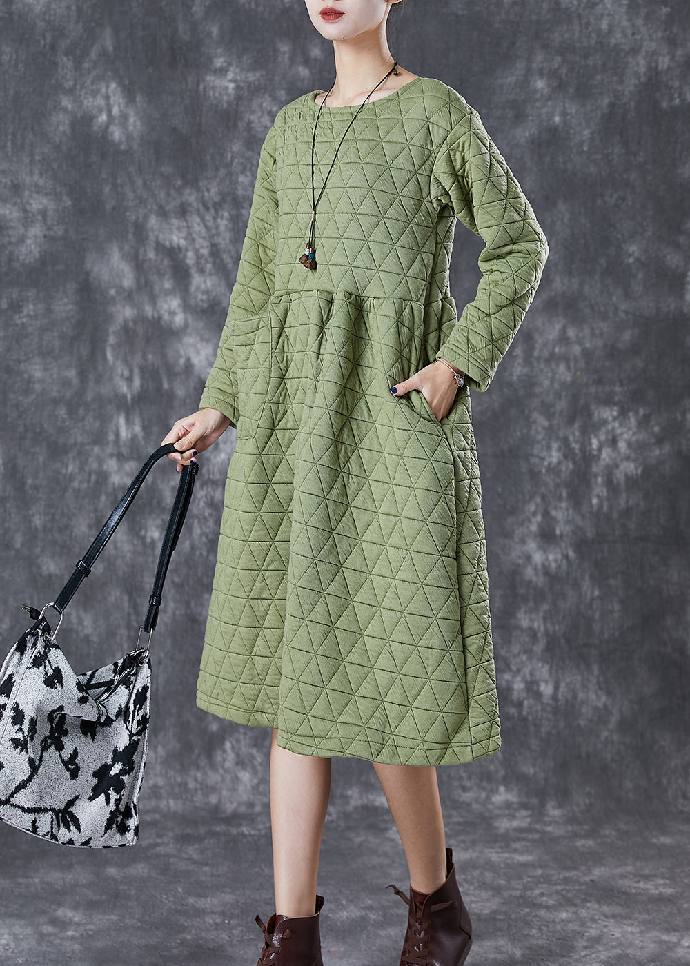 Green Warm Fine Cotton Filled Holiday Dress Winter Ada Fashion