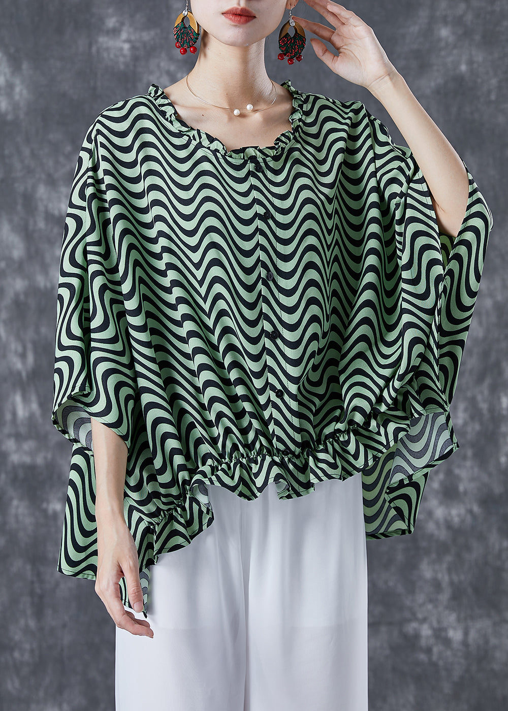 Green Wave Striped Loose Cotton Shirt Tops Ruffled Batwing Sleeve LY5052 - fabuloryshop