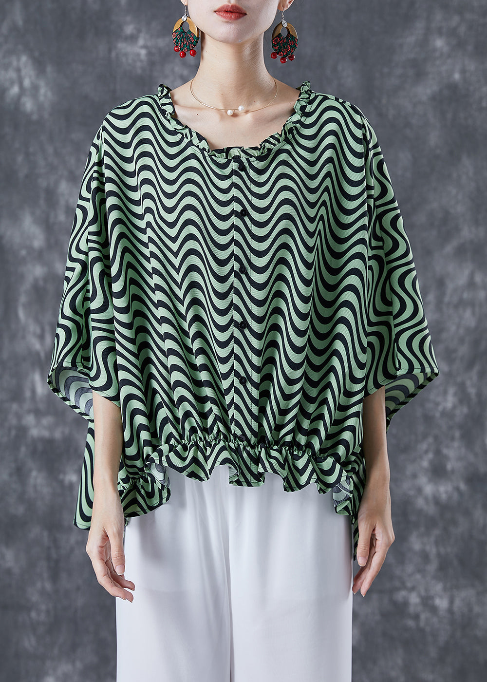 Green Wave Striped Loose Cotton Shirt Tops Ruffled Batwing Sleeve LY5052 - fabuloryshop