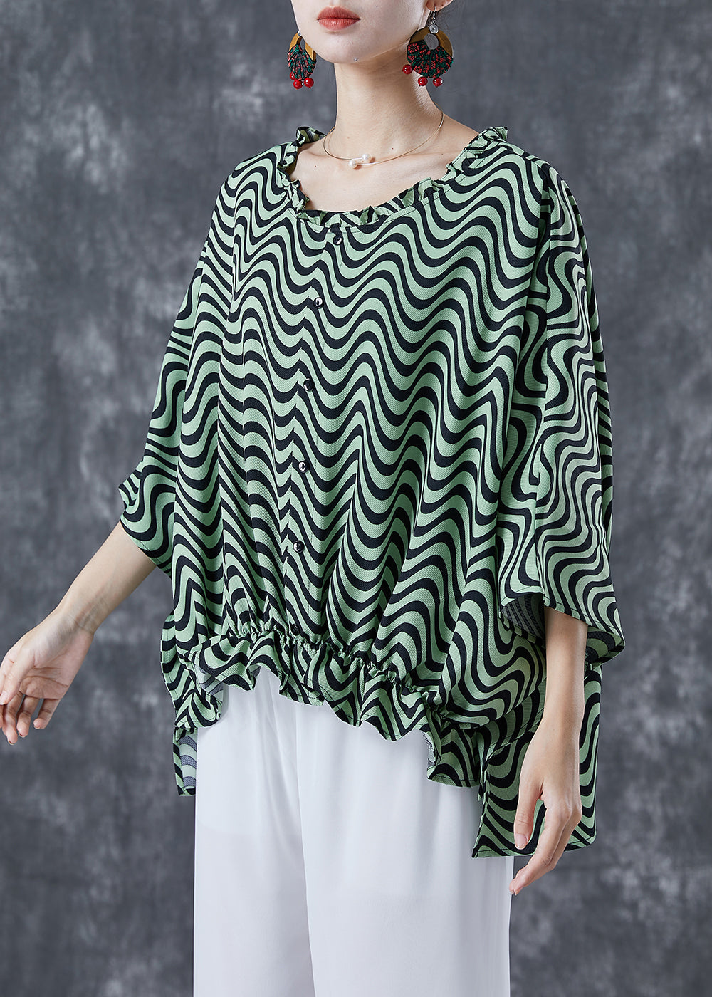 Green Wave Striped Loose Cotton Shirt Tops Ruffled Batwing Sleeve LY5052 - fabuloryshop