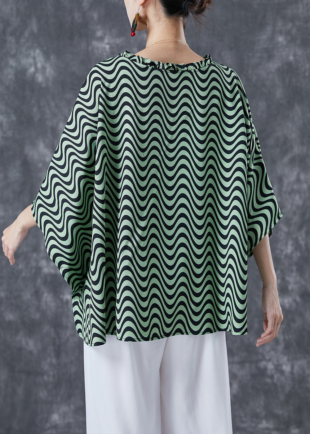 Green Wave Striped Loose Cotton Shirt Tops Ruffled Batwing Sleeve LY5052 - fabuloryshop