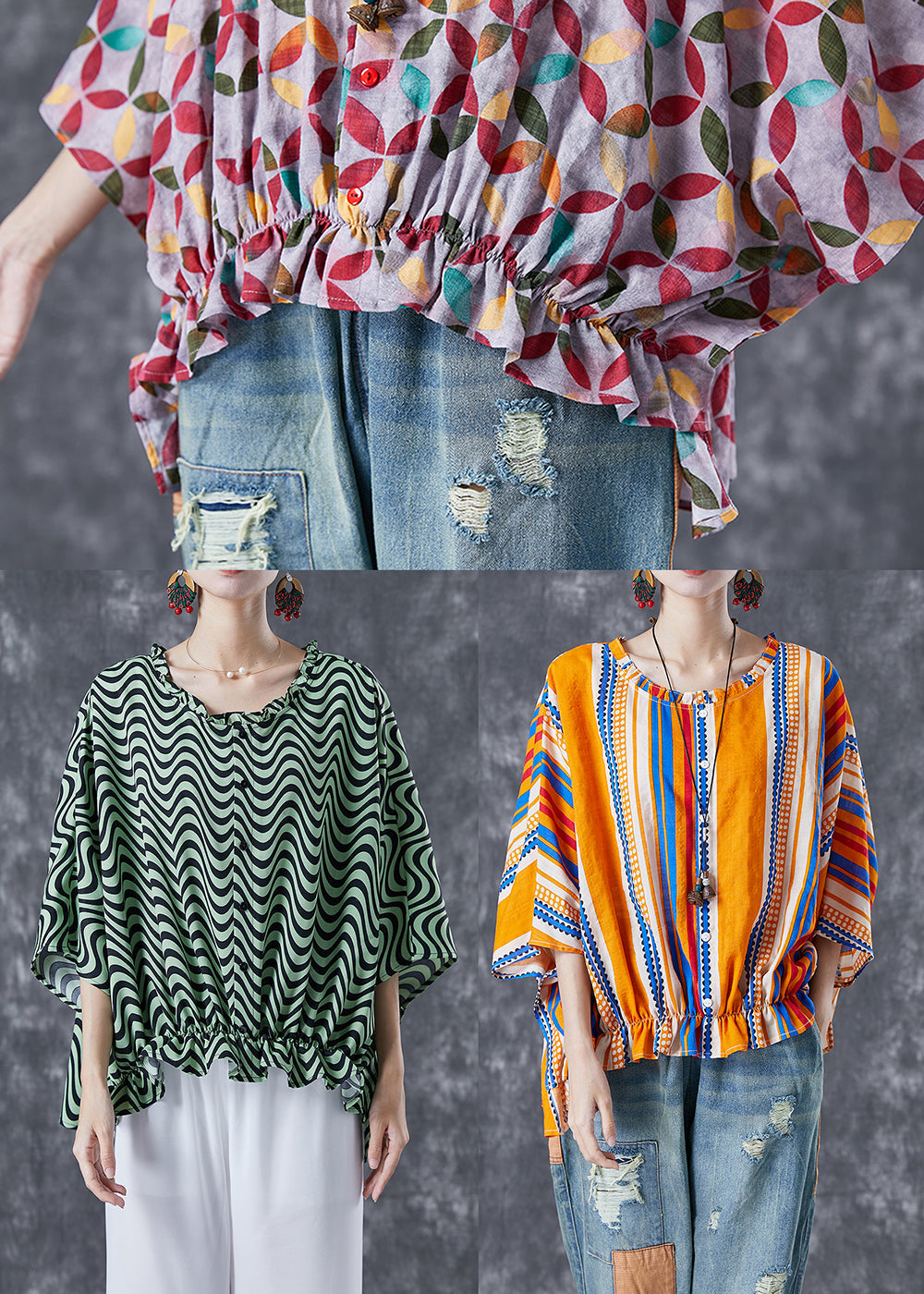 Green Wave Striped Loose Cotton Shirt Tops Ruffled Batwing Sleeve LY5052 - fabuloryshop