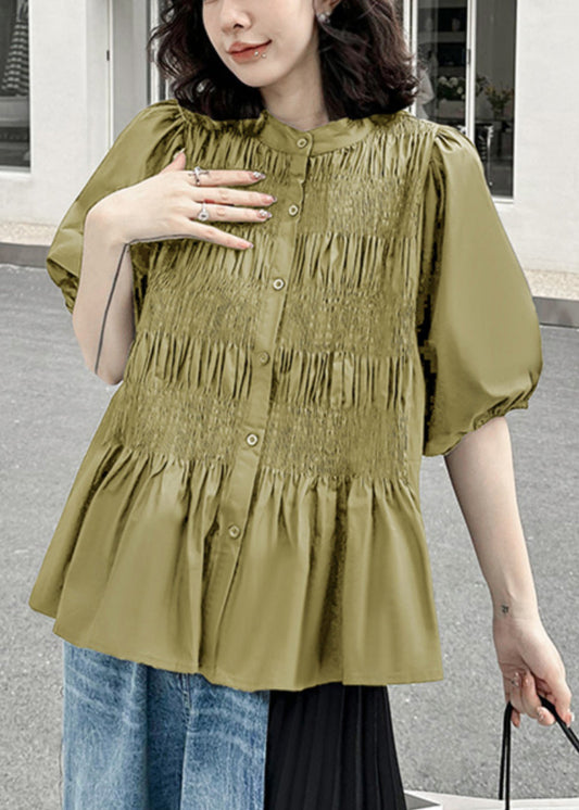 Green Wrinkled Patchwork Cotton Blouse Top O-Neck Half Sleeve Ada Fashion