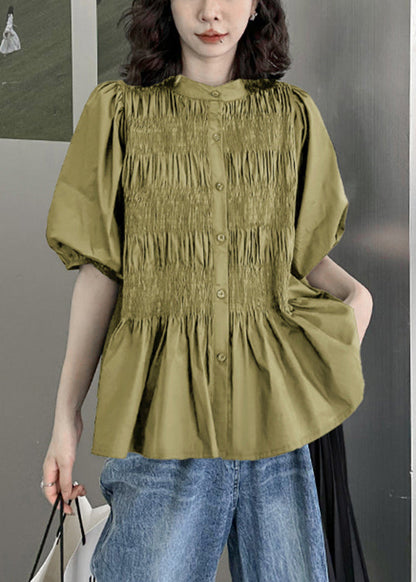 Green Wrinkled Patchwork Cotton Blouse Top O-Neck Half Sleeve Ada Fashion