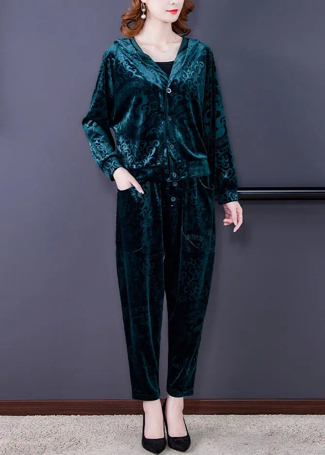 Green Zip Up Silk Velour Coats And Harem Pants Two Pieces Set Long Sleeve Ada Fashion