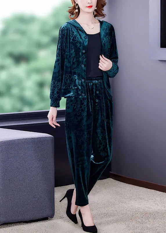 Green Zip Up Silk Velour Coats And Harem Pants Two Pieces Set Long Sleeve Ada Fashion