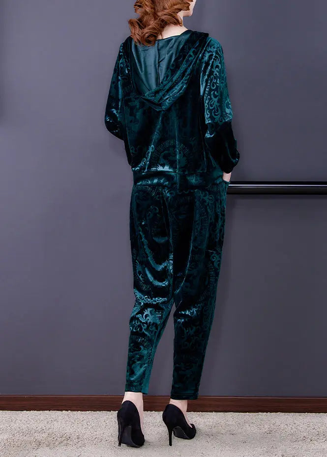 Green Zip Up Silk Velour Coats And Harem Pants Two Pieces Set Long Sleeve Ada Fashion