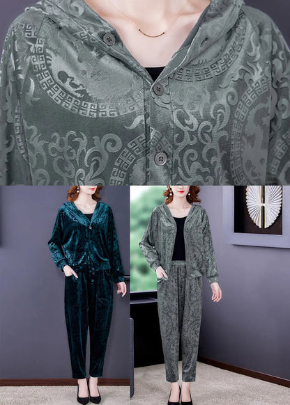 Green Zip Up Silk Velour Coats And Harem Pants Two Pieces Set Long Sleeve Ada Fashion