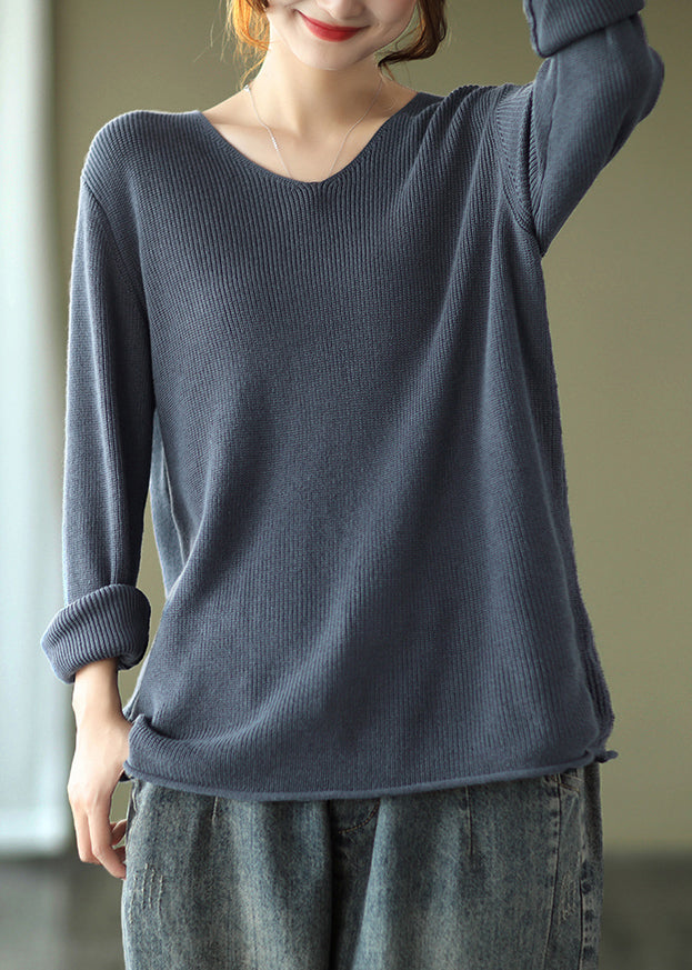 Grey Blue Patchwork Cozy Knitting Cotton Shirt Tops V Neck Fall Ada Fashion